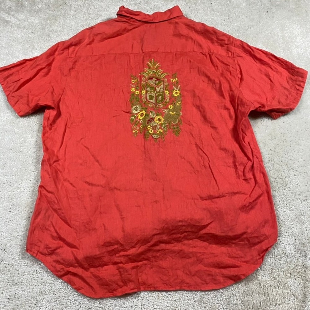 Robert Graham Linen Shirt Mens 2XL Red Embroidered Crest Short Sleeve Button Up